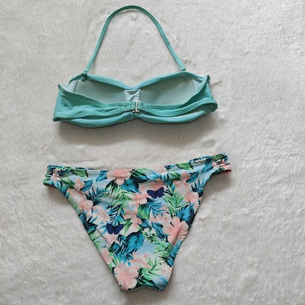 Forever‎ 21 Small Aqua Blue Bandeau Floral Swimsuit Bikini Cheeky Swimwear Set